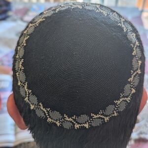 Black and Gray Honeycomb Design Hand Crafted Kippah. Jewish. Made In Israel.